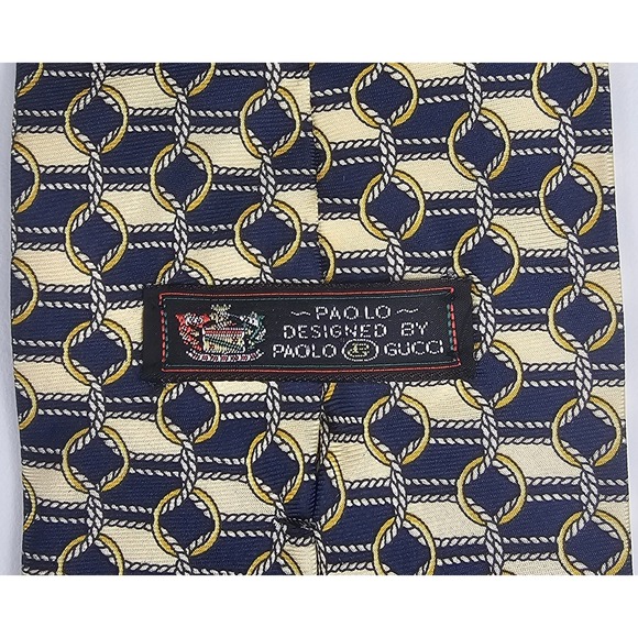 PAOLO GUCCI 100% Silk Tie‎ Made in Italy-Yellow Gold Navy Blue Chain Designer - Picture 4 of 7